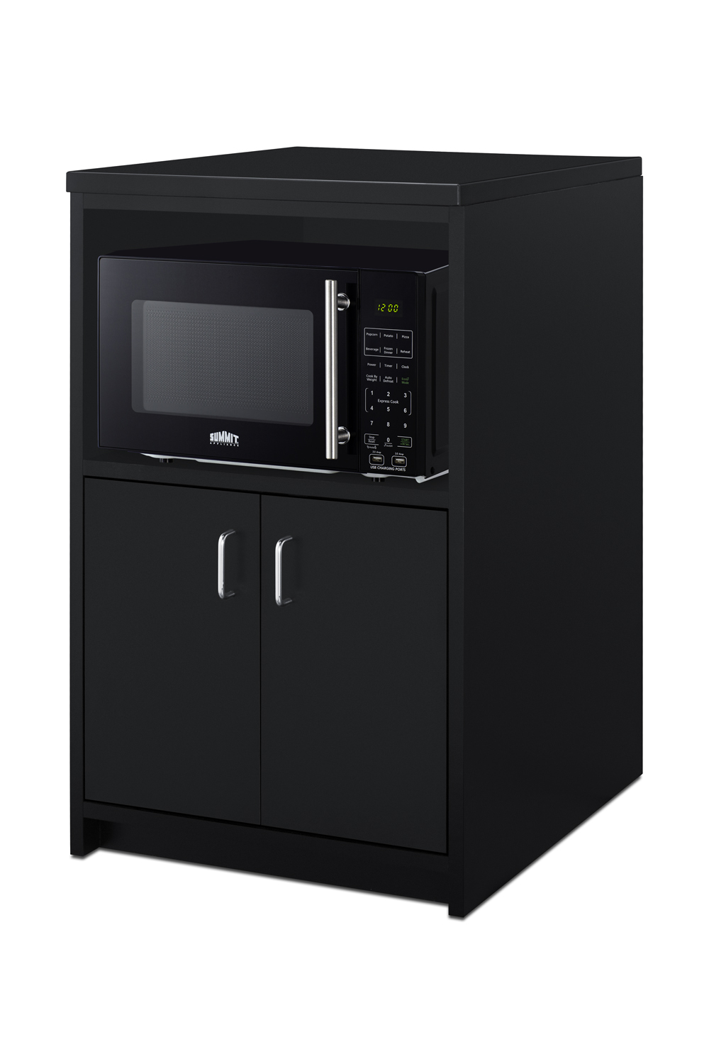 Fully assembled casework cabinet with French door swing in ADA compliant height and black finish designed to accept compact microwaves